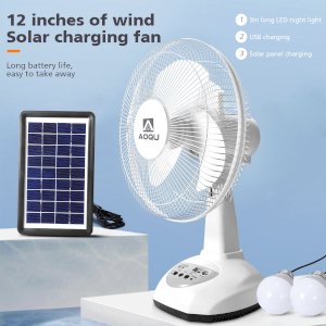 12 inch rechargeable Solar and electric fan with  2 LED lights with Mobile Charger