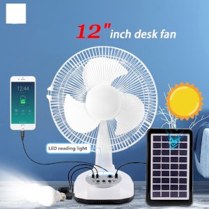 12 inch rechargeable Solar and electric fan with  2 LED lights with Mobile Charger